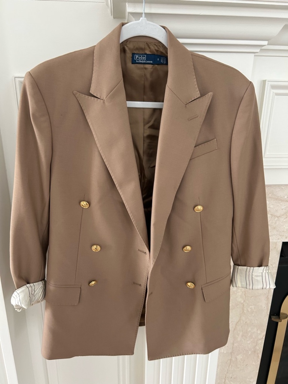 Ralph Lauren Camel Double-Breasted Blazer with Gold Buttons